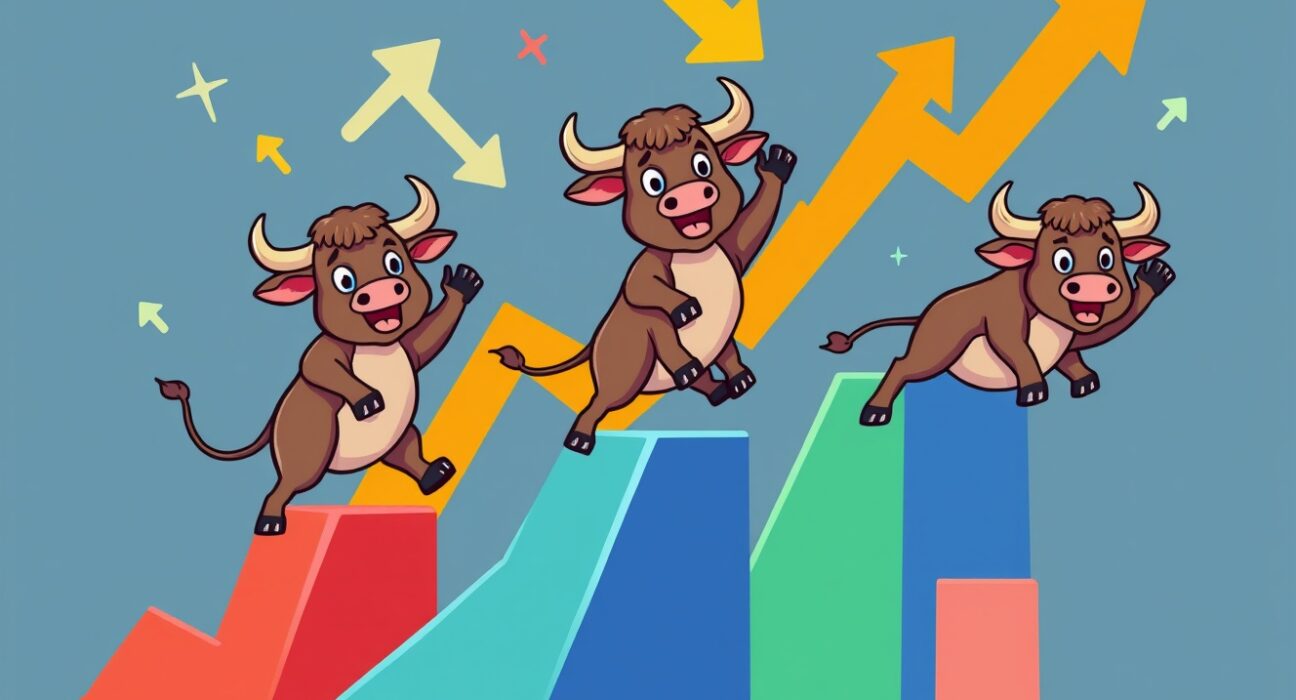 Major US indices showing strong upward momentum with rising market graphs