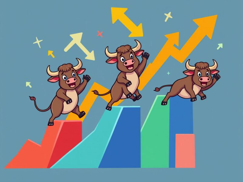 Major US indices showing strong upward momentum with rising market graphs