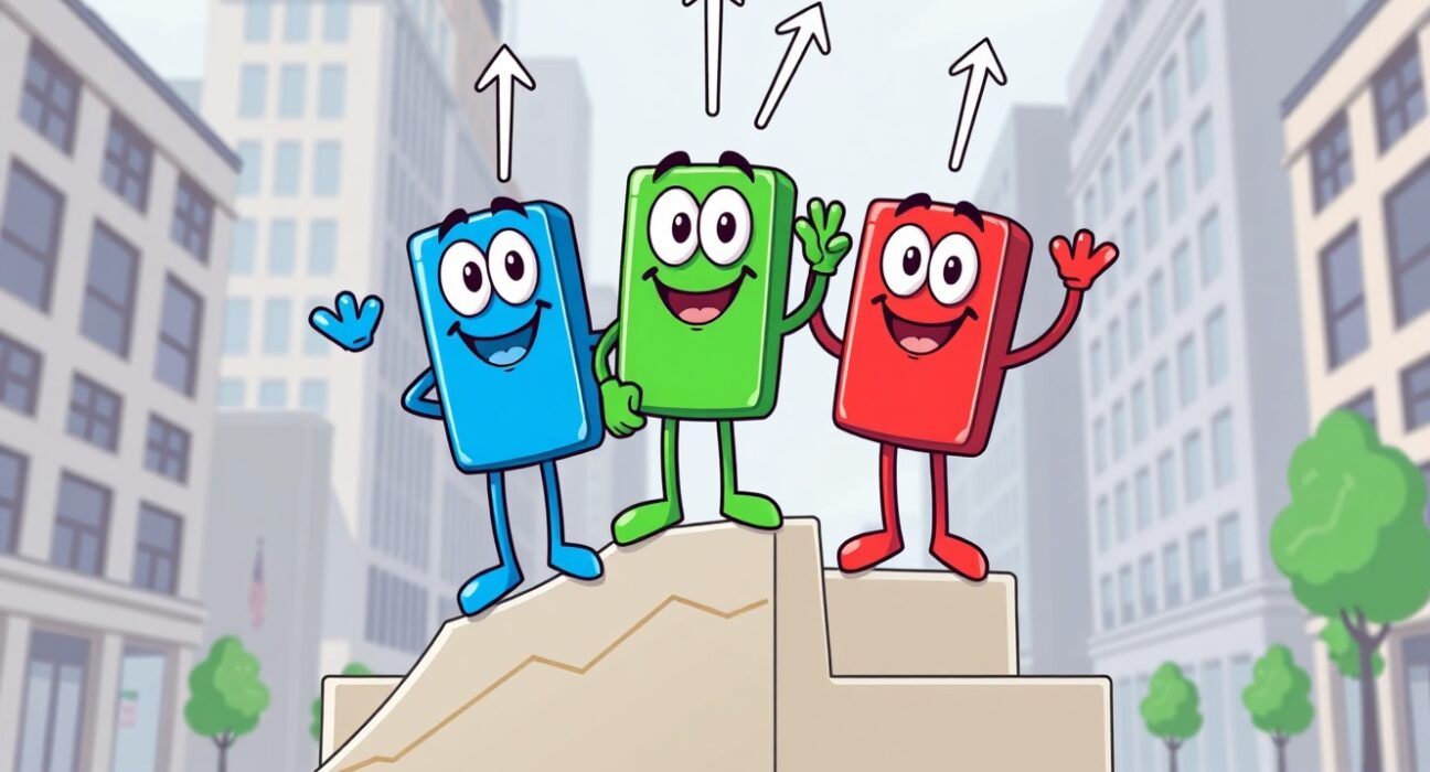 Cartoon illustration of major US stock indexes showing positive upward movement on a trading chart