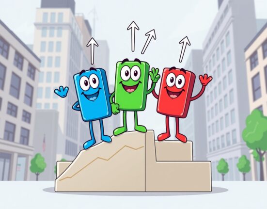 Cartoon illustration of major US stock indexes showing positive upward movement on a trading chart