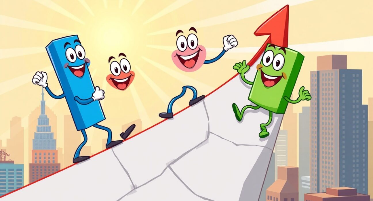 Cartoon of major US stock indices climbing higher on a vibrant graph.