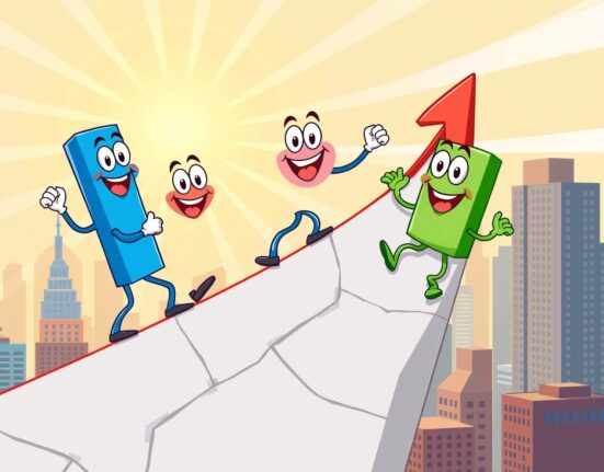 Cartoon of major US stock indices climbing higher on a vibrant graph.