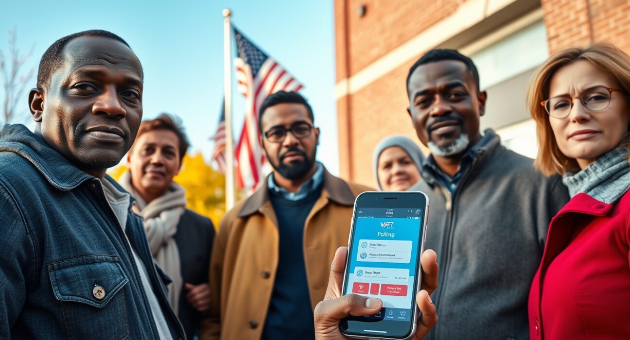 Diverse US voters outside polling station with smartphone showing crypto wallet app