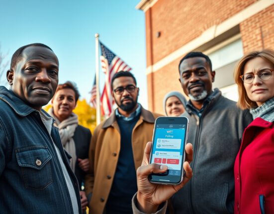 Diverse US voters outside polling station with smartphone showing crypto wallet app