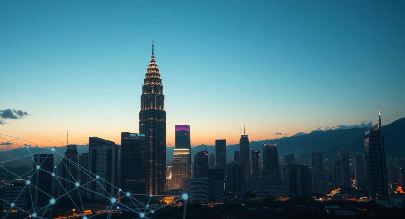 Kuala Lumpur skyline with Petronas Towers and digital AI network overlay representing Malaysia's tech-driven economic resilience.