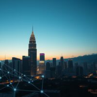 Kuala Lumpur skyline with Petronas Towers and digital AI network overlay representing Malaysia's tech-driven economic resilience.