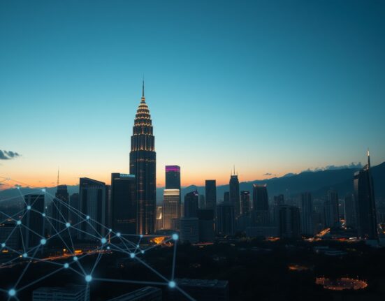 Kuala Lumpur skyline with Petronas Towers and digital AI network overlay representing Malaysia's tech-driven economic resilience.