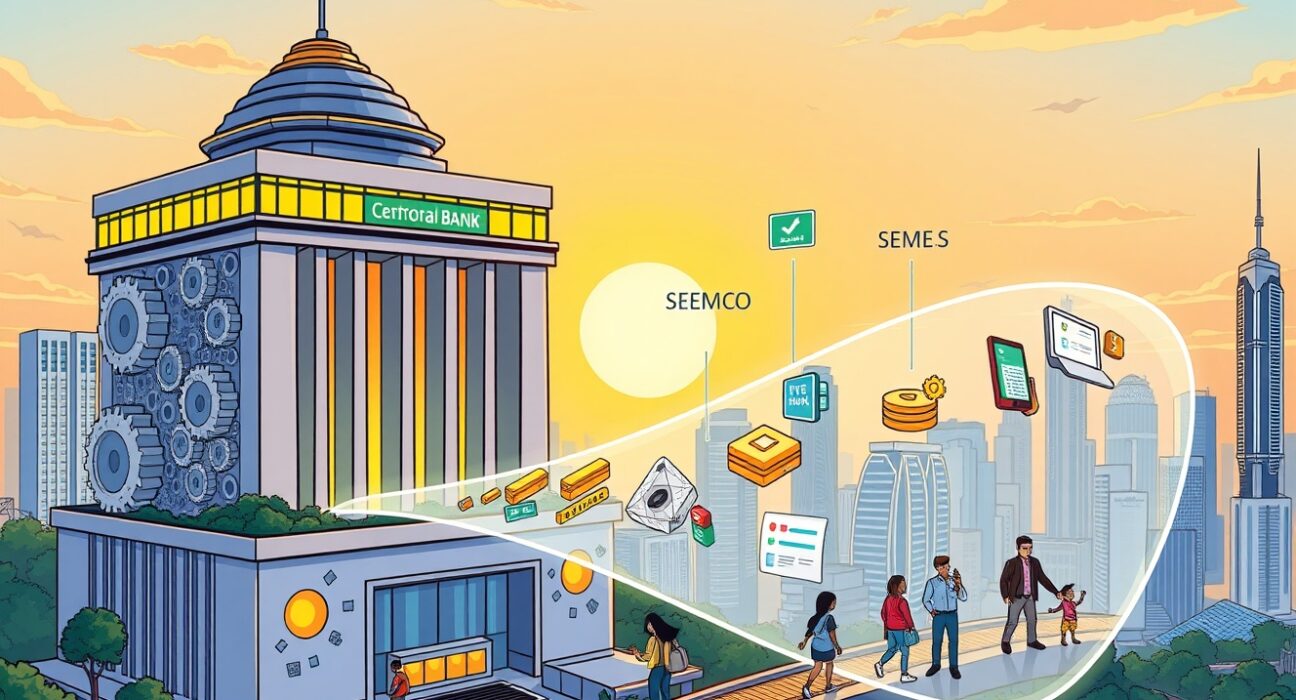 A cartoon illustration showing Malaysia's central bank initiating its asset tokenization roadmap, symbolizing financial innovation.
