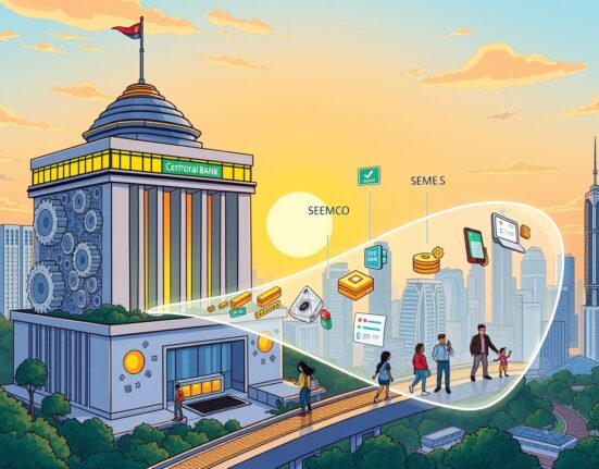A cartoon illustration showing Malaysia's central bank initiating its asset tokenization roadmap, symbolizing financial innovation.