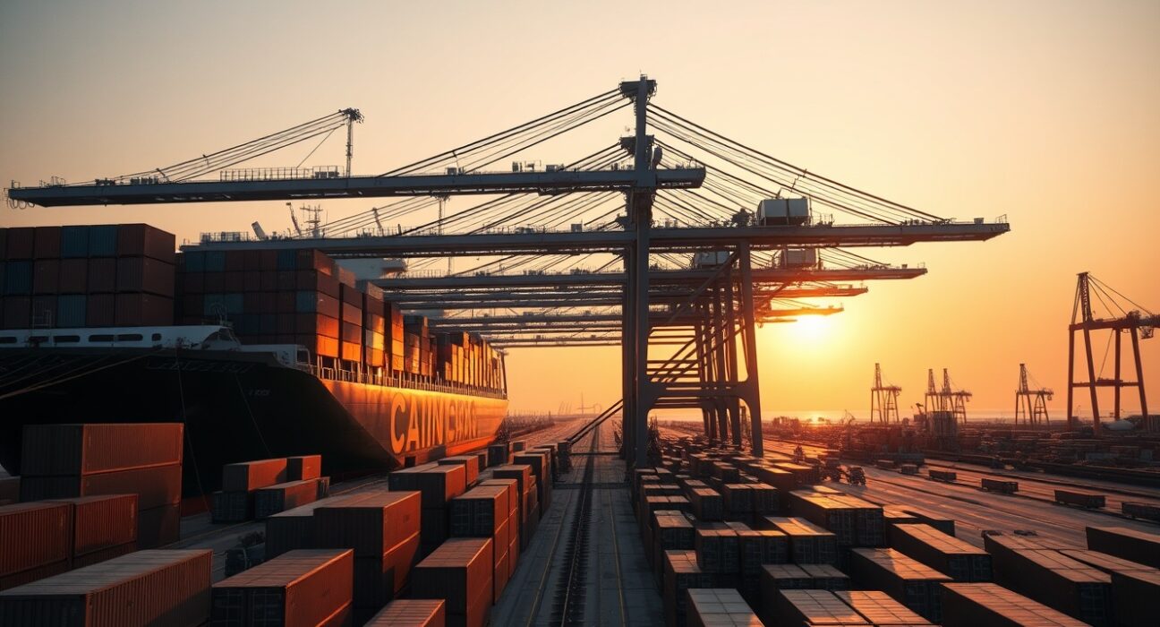 Container port in Johor, Malaysia, at sunrise with cargo ship and cranes.