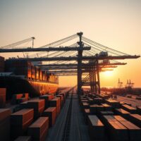 Container port in Johor, Malaysia, at sunrise with cargo ship and cranes.