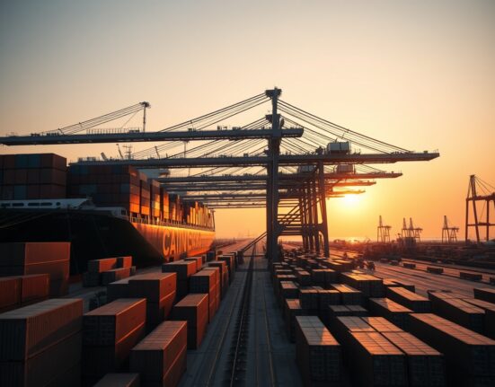 Container port in Johor, Malaysia, at sunrise with cargo ship and cranes.