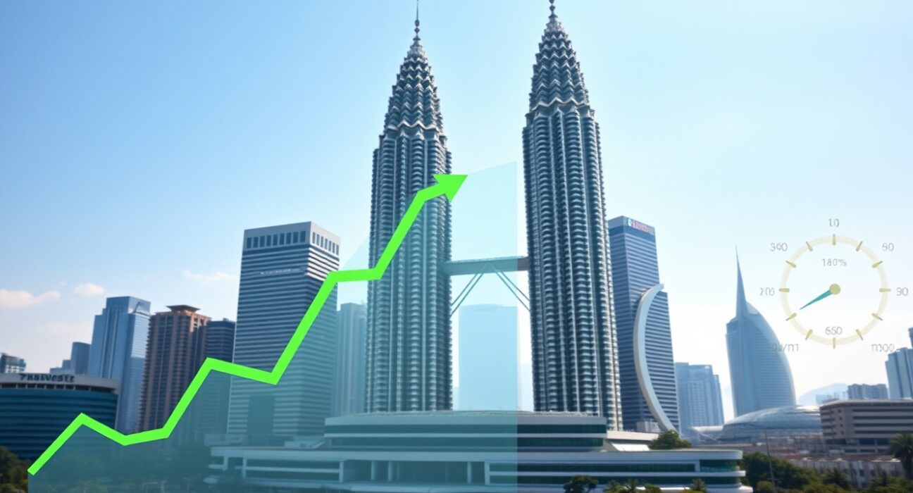 Malaysia economic growth analysis showing Kuala Lumpur skyline with GDP and inflation indicators