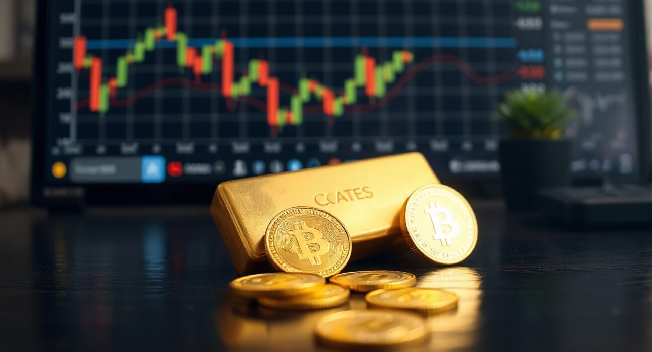 Gold bar and coins on a dark wooden surface with blurred financial charts in the background.