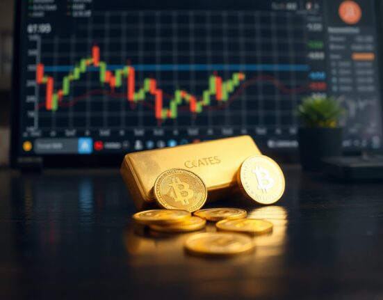 Gold bar and coins on a dark wooden surface with blurred financial charts in the background.