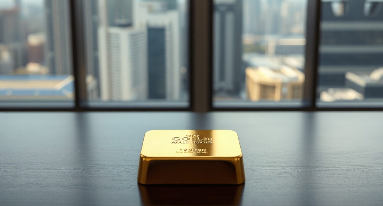 A gold bar on a wooden surface in a modern office with a blurred city skyline in the background.
