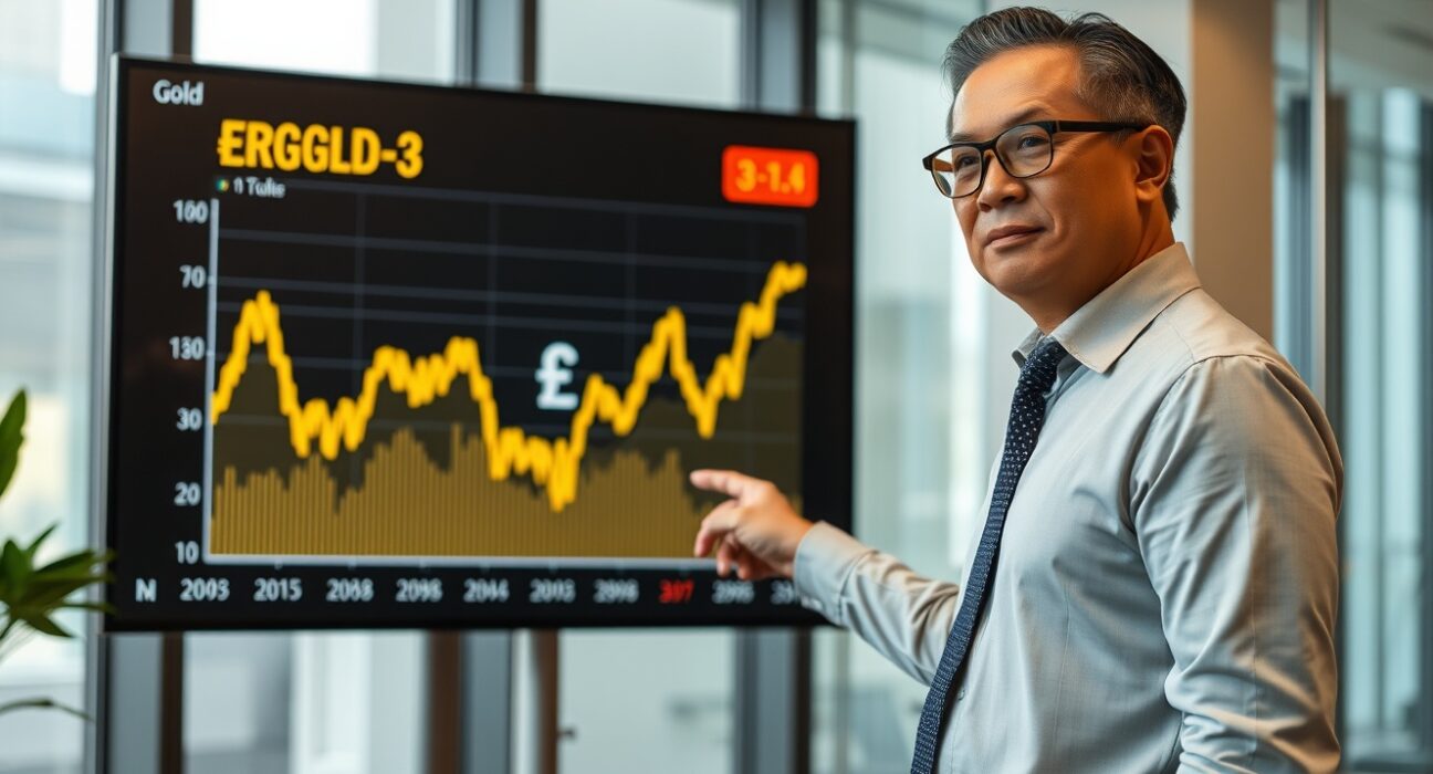 Financial analyst in Kuala Lumpur pointing at a gold price chart showing a decline