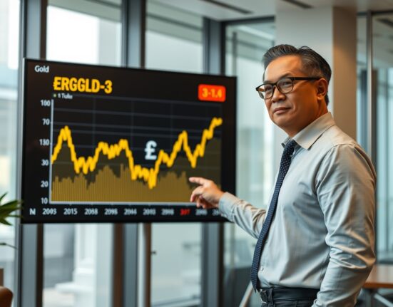 Financial analyst in Kuala Lumpur pointing at a gold price chart showing a decline