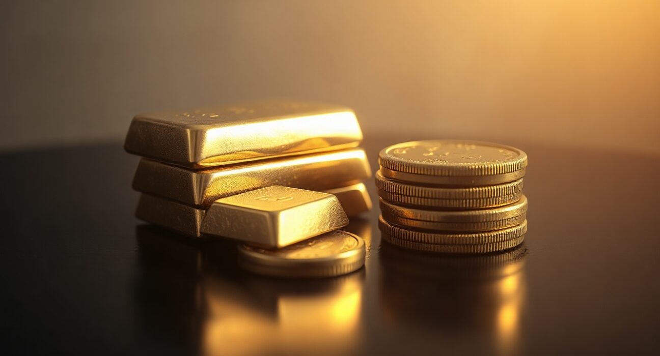 Close-up of gold bars and coins on a dark wooden surface