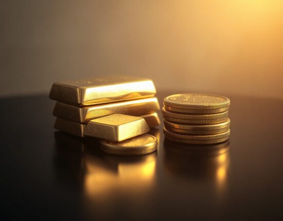 Close-up of gold bars and coins on a dark wooden surface
