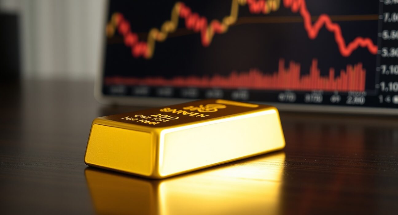 Close-up of a gold bar on a dark surface with a blurred financial chart in the background showing a decline.
