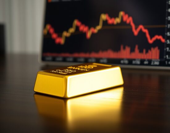 Close-up of a gold bar on a dark surface with a blurred financial chart in the background showing a decline.