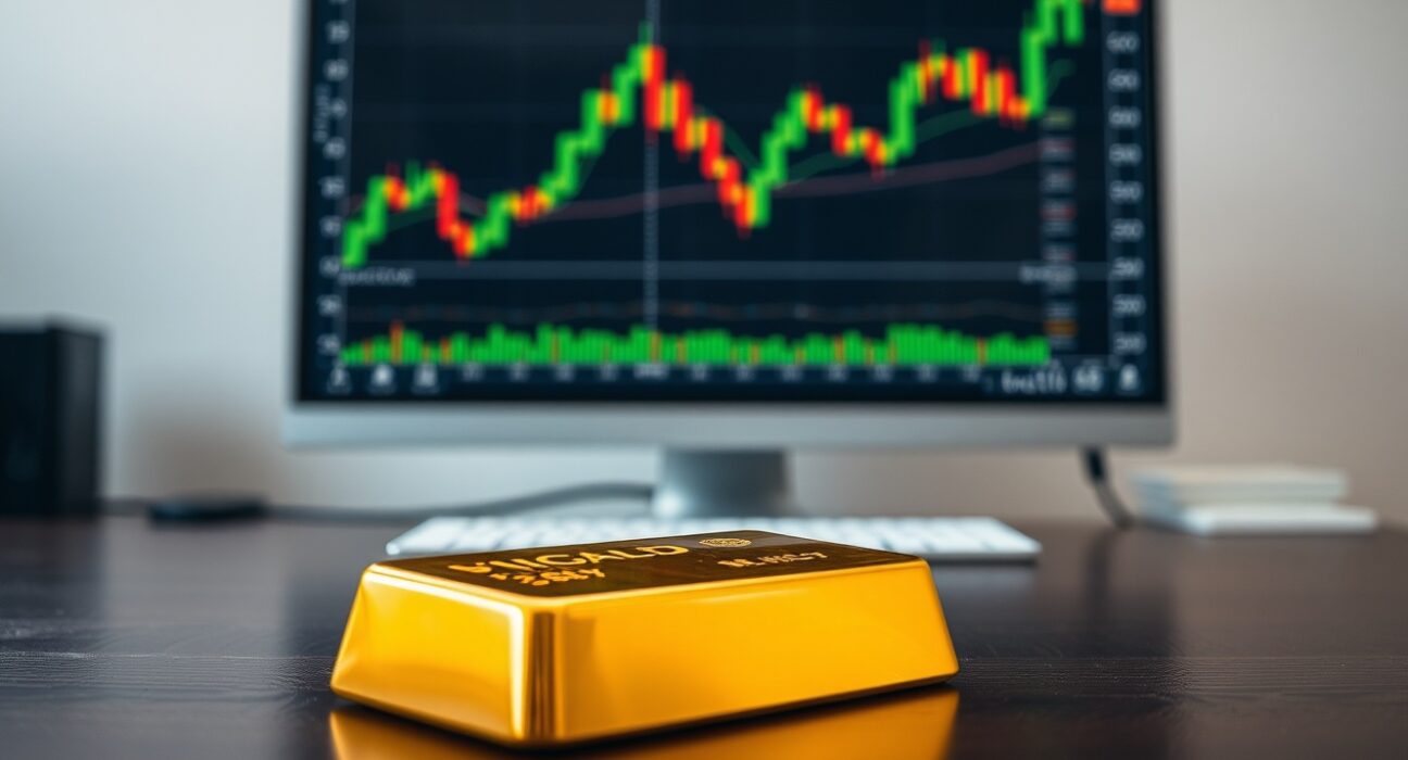 Gold bar on a wooden surface with a financial chart in the background, representing the rising gold price in Malaysia.