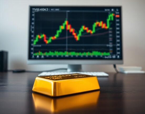 Gold bar on a wooden surface with a financial chart in the background, representing the rising gold price in Malaysia.