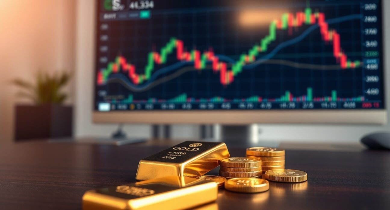 Close-up of gold bars and coins on a desk with a blurred financial chart in the background.