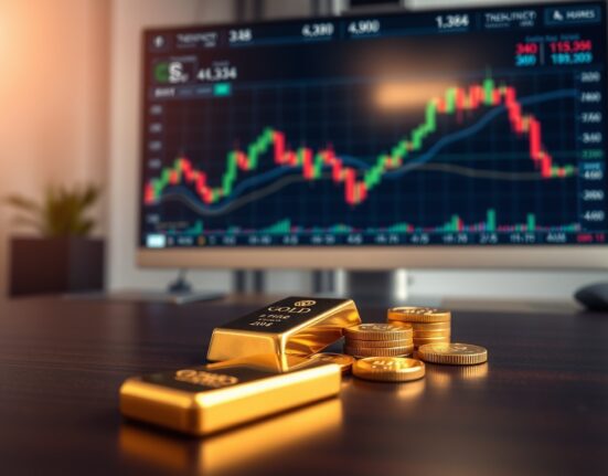 Close-up of gold bars and coins on a desk with a blurred financial chart in the background.