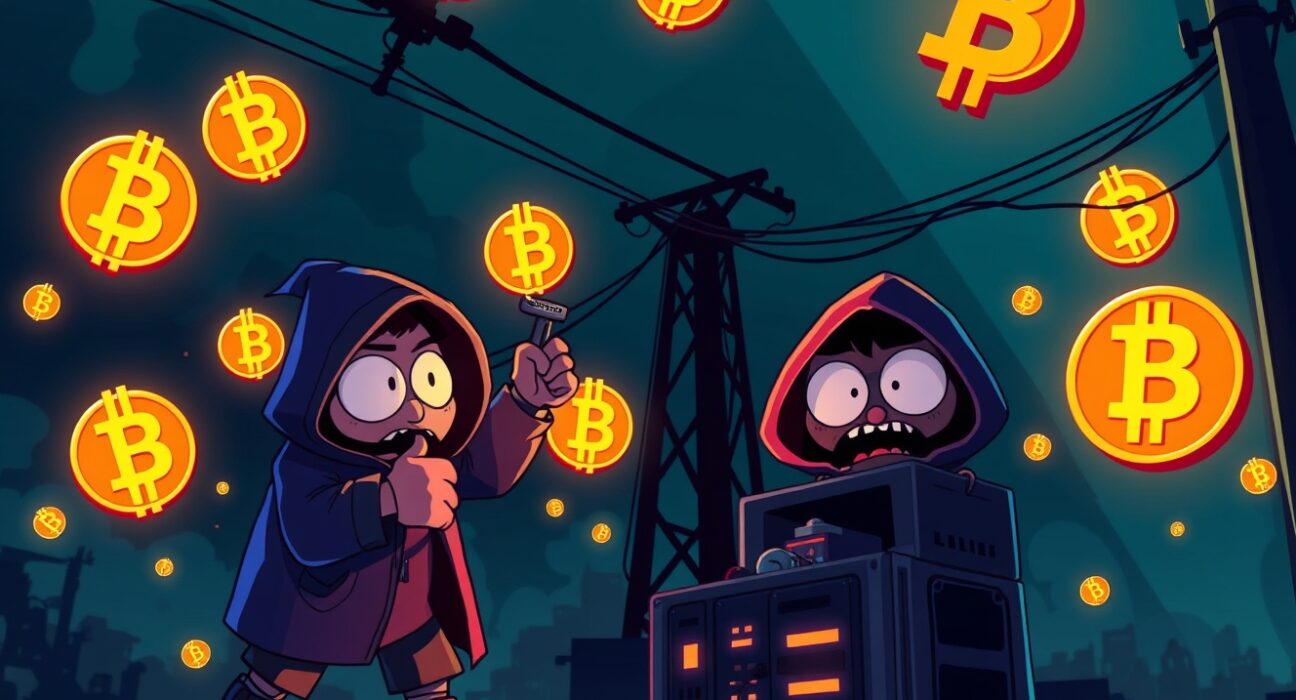 Illegal crypto mining operation secretly tapping into power grid with glowing Bitcoin symbols in cartoon illustration