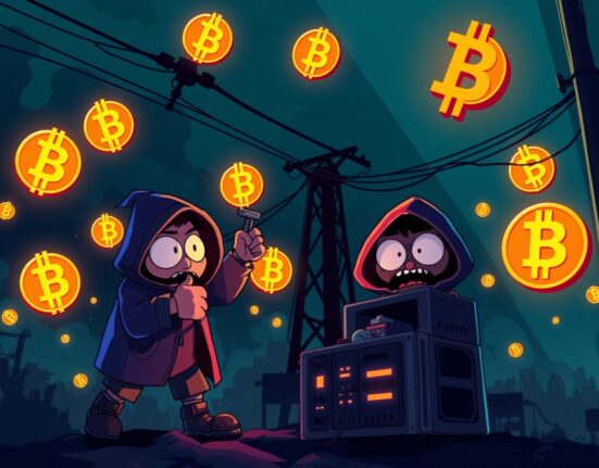 Illegal crypto mining operation secretly tapping into power grid with glowing Bitcoin symbols in cartoon illustration