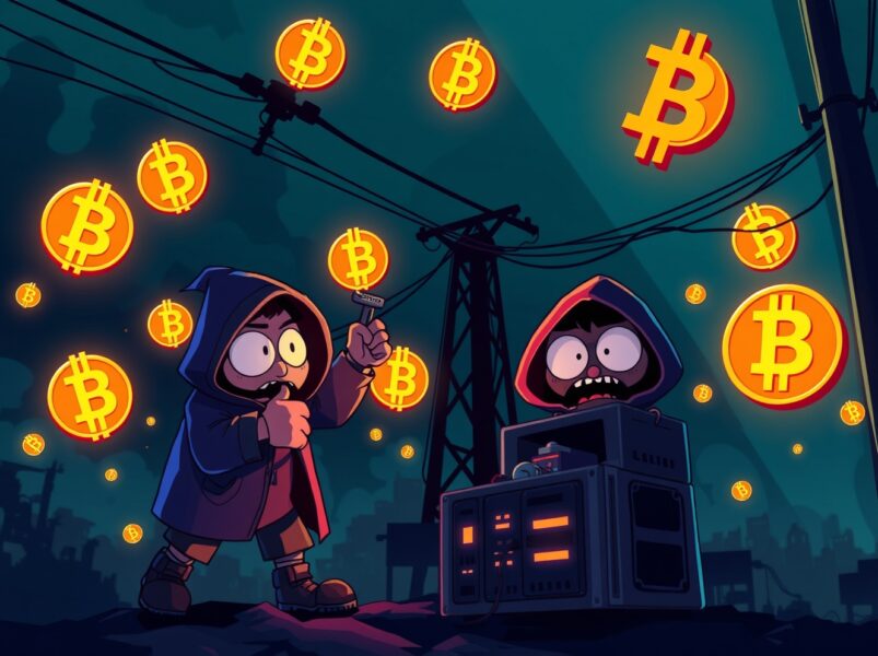 Illegal crypto mining operation secretly tapping into power grid with glowing Bitcoin symbols in cartoon illustration