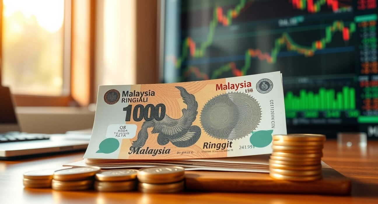 Malaysian Ringgit banknotes and coins on a desk with financial charts in background