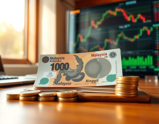 Malaysian Ringgit banknotes and coins on a desk with financial charts in background