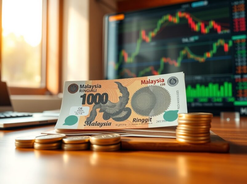 Malaysian Ringgit banknotes and coins on a desk with financial charts in background