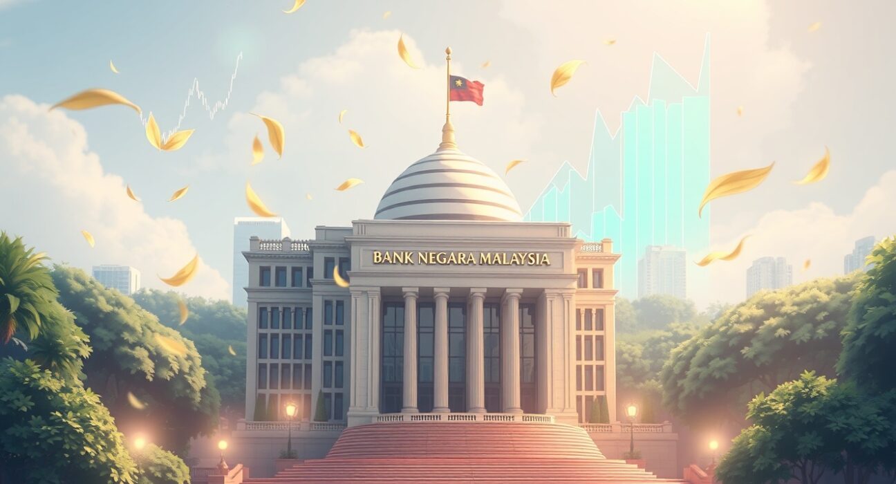 Bank Negara Malaysia building with economic charts representing steady OPR forecast through 2026