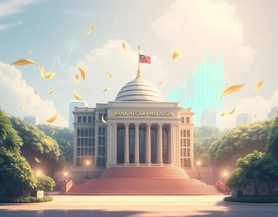 Bank Negara Malaysia building with economic charts representing steady OPR forecast through 2026