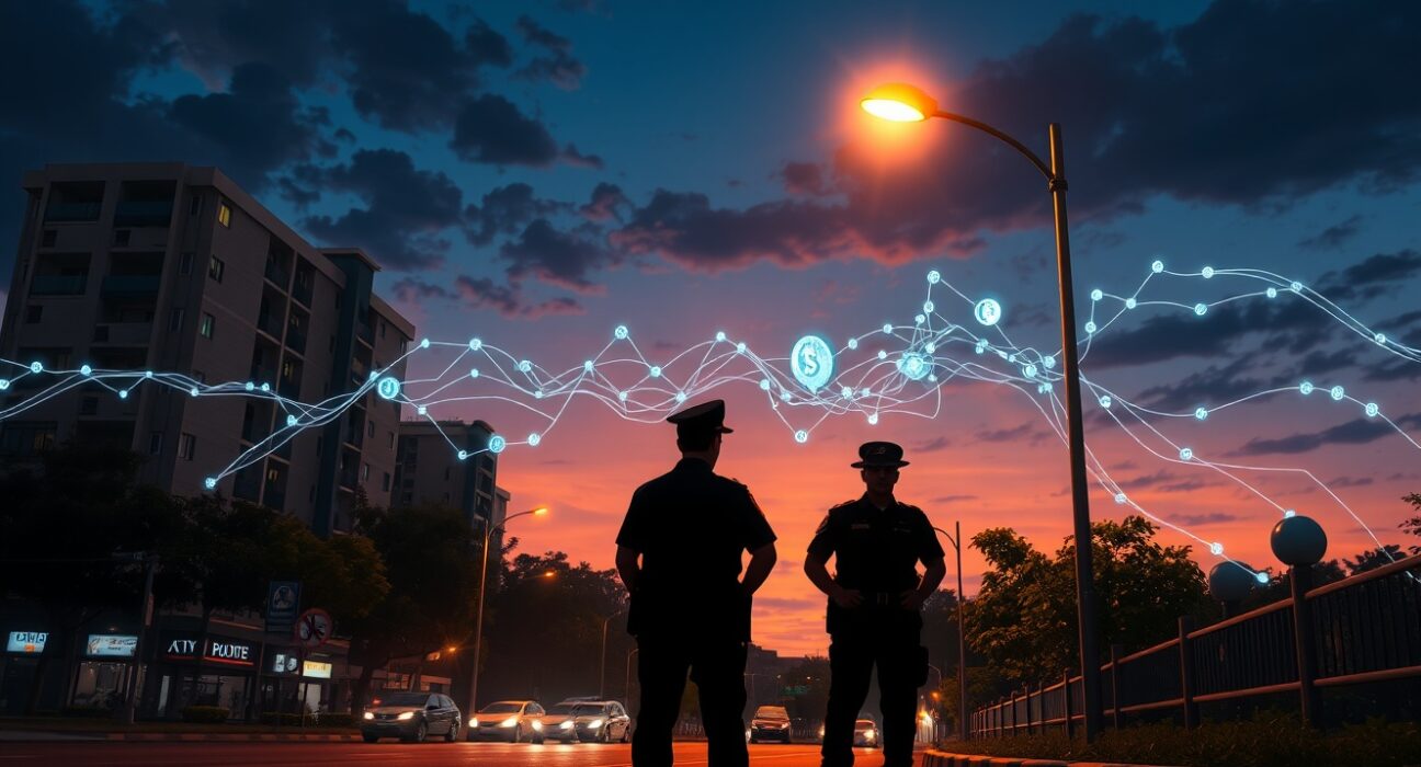 Malaysia police crypto extortion case illustrated as digital crime in Kuala Lumpur cityscape.