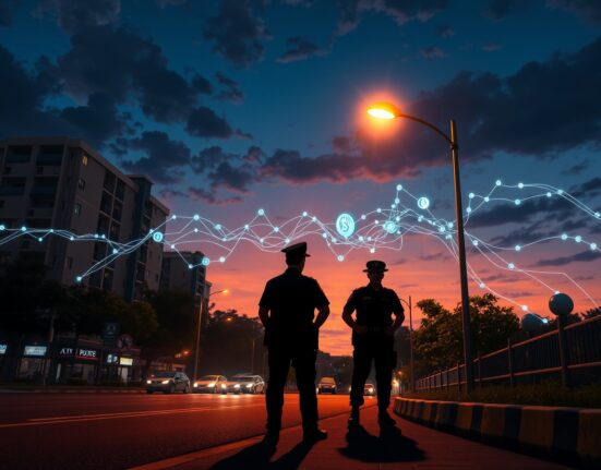 Malaysia police crypto extortion case illustrated as digital crime in Kuala Lumpur cityscape.