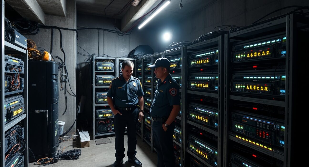 Police officers inspecting illegal Bitcoin mining rigs in a raid in Tronoh, Malaysia