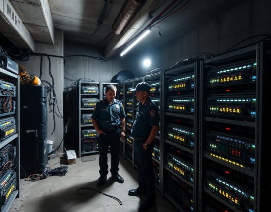 Police officers inspecting illegal Bitcoin mining rigs in a raid in Tronoh, Malaysia