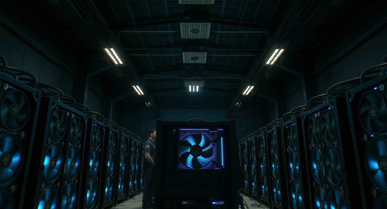 Interior of a warehouse in Port Klang, Malaysia, showing seized cryptocurrency mining equipment during a police raid.