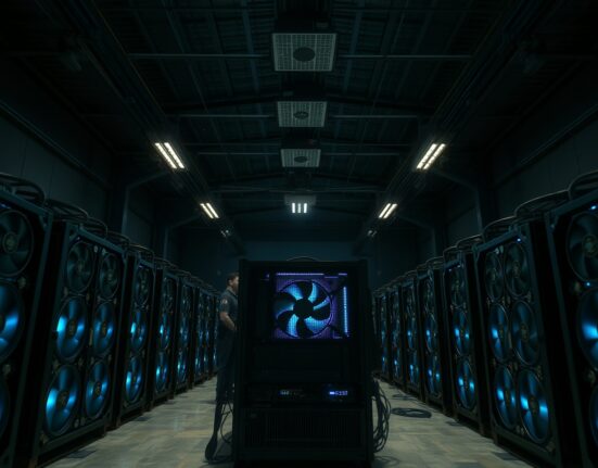 Interior of a warehouse in Port Klang, Malaysia, showing seized cryptocurrency mining equipment during a police raid.