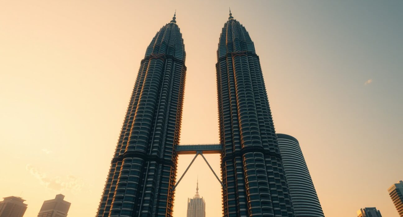 Kuala Lumpur skyline with Petronas Twin Towers at sunset, representing Malaysia's economic stability