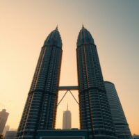 Kuala Lumpur skyline with Petronas Twin Towers at sunset, representing Malaysia's economic stability