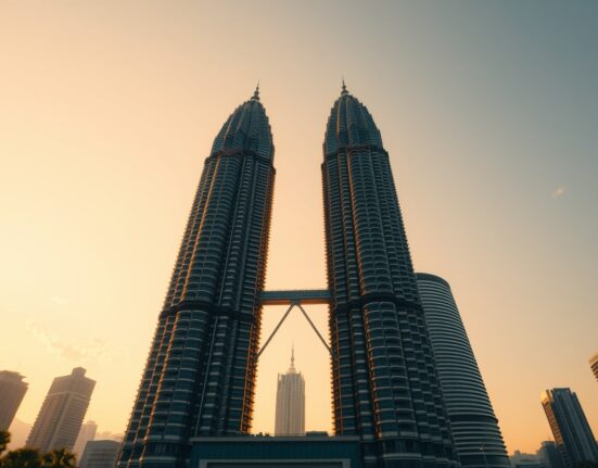 Kuala Lumpur skyline with Petronas Twin Towers at sunset, representing Malaysia's economic stability