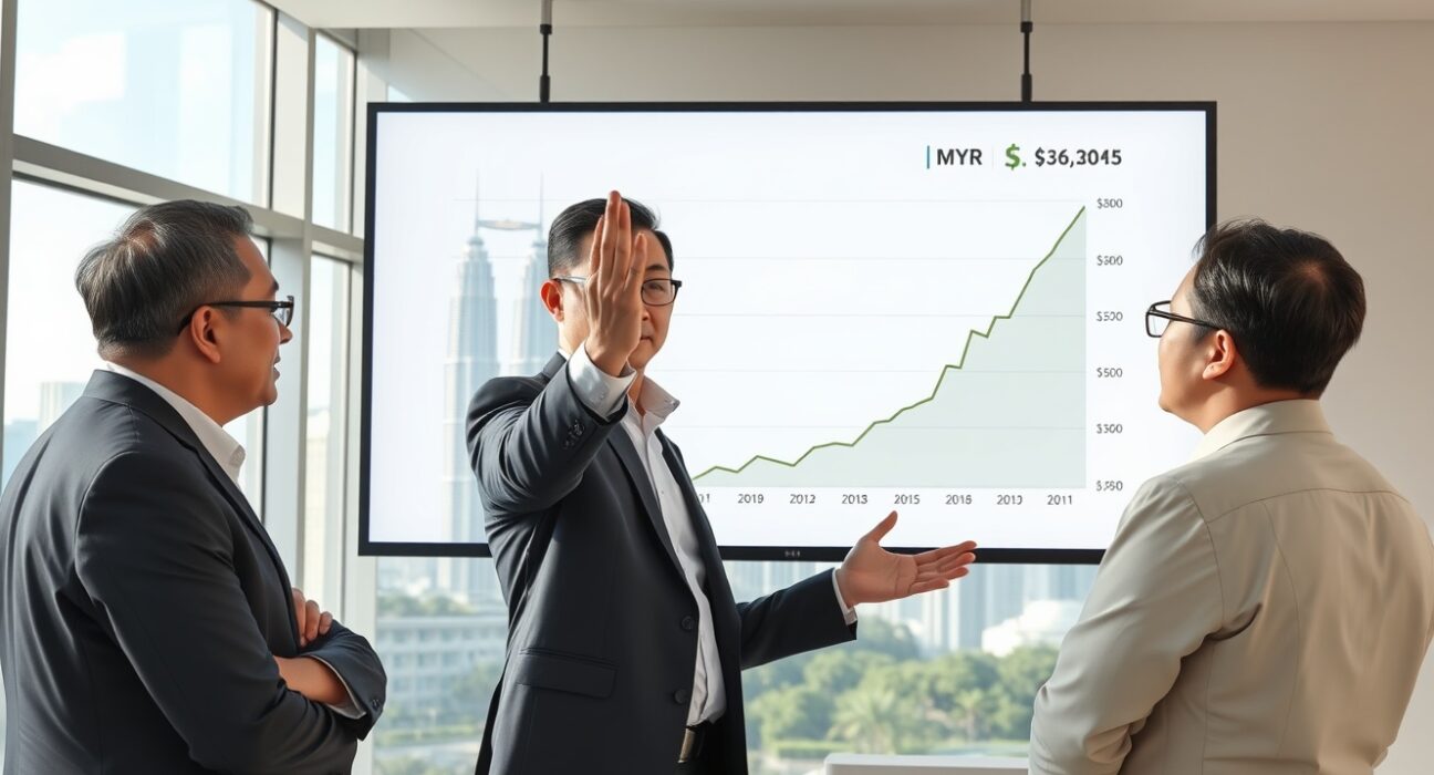 Financial analyst in Kuala Lumpur discusses a positive Malaysian Ringgit exchange rate chart, reflecting constructive investment outlook.