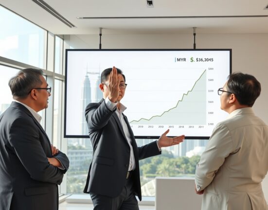 Financial analyst in Kuala Lumpur discusses a positive Malaysian Ringgit exchange rate chart, reflecting constructive investment outlook.