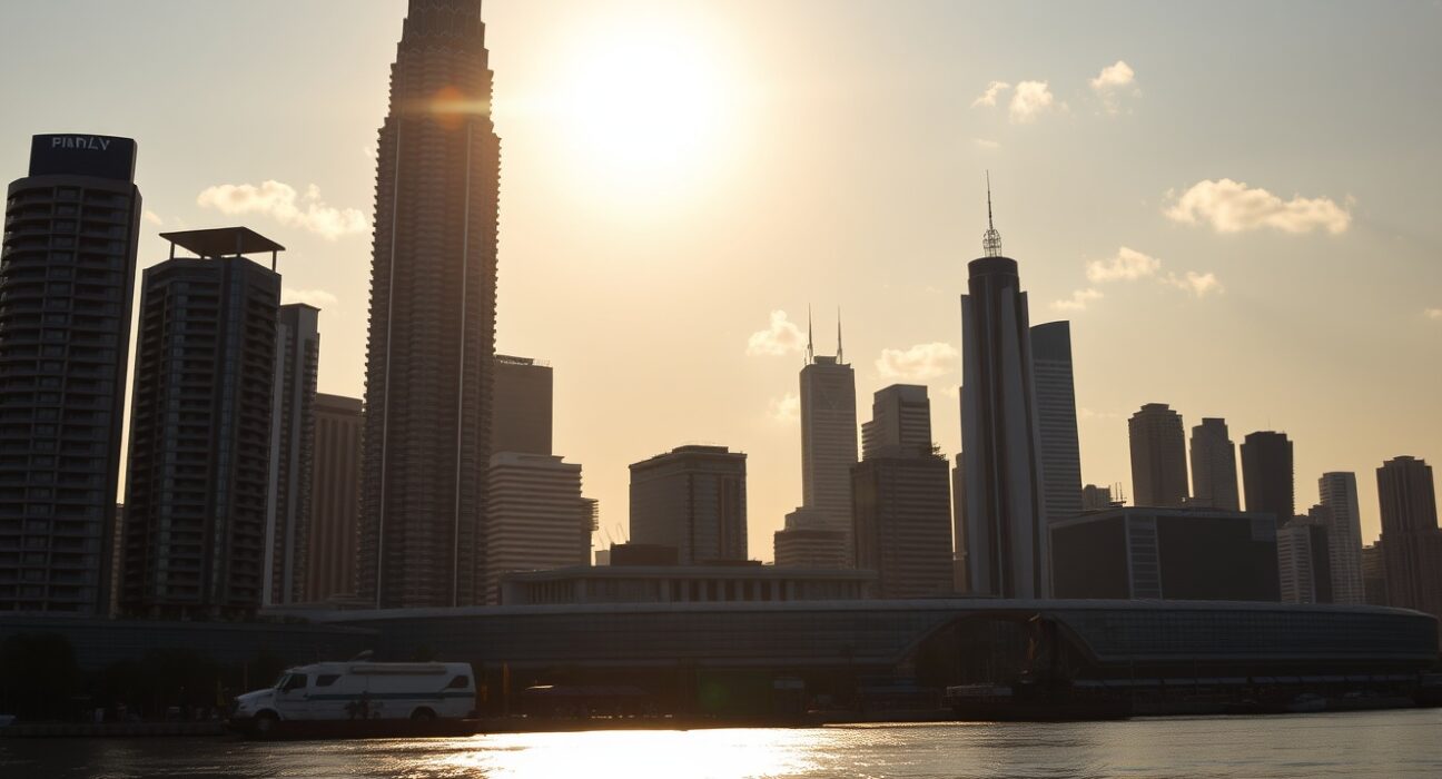 Kuala Lumpur skyline at sunset with Petronas Twin Towers, representing Malaysia's economic landscape